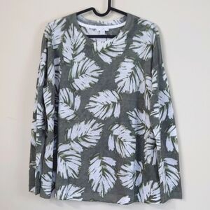 J. Jill Palm Print Linen Blend Lightweight Green Long Sleeves Sweater Petite S